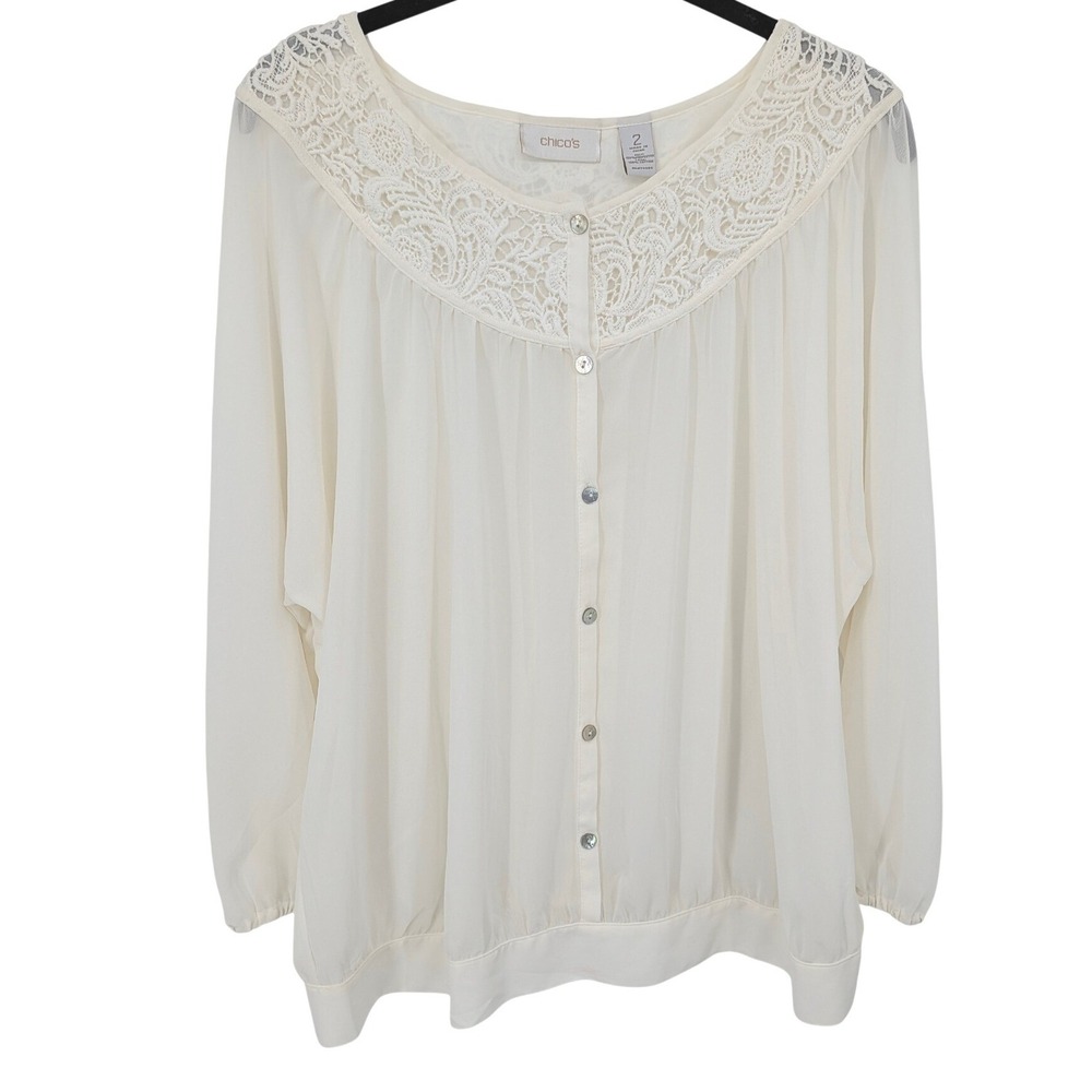 Chicos Blouse Women Large Cream Crochet Lace Button Front Chiffon Sheer Top Boho